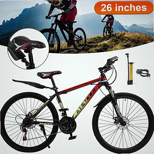 26" Spoke Wheel 24 Speed Mountain Bicycle Adult Bike MTB w/ fender Red+Yellow