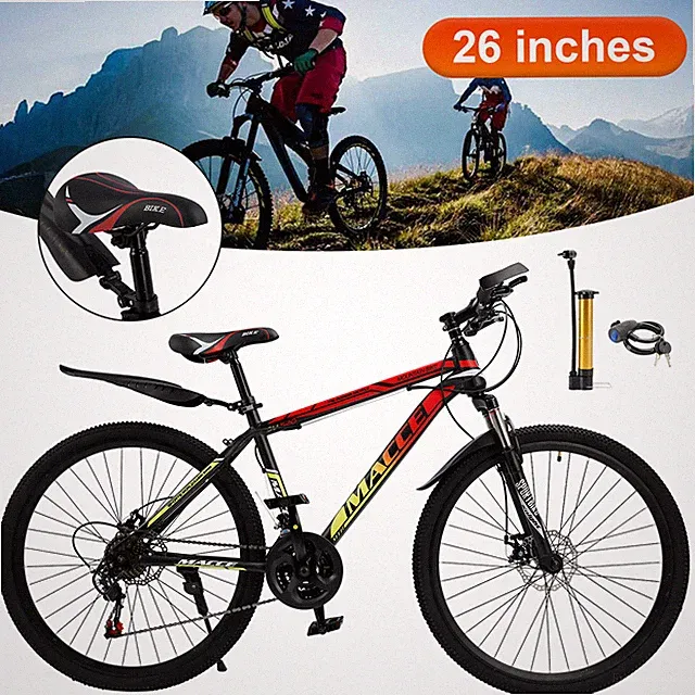26" Spoke Wheel 24 Speed Mountain Bicycle Adult Bike MTB w/ fender Red+Yellow US