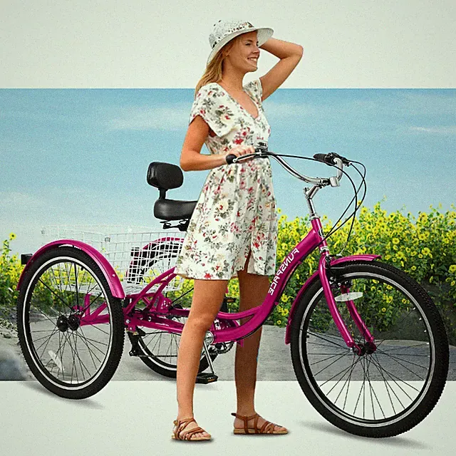 Adult 24/26inch Tricycles 7-Speed 3-Wheel Cruiser Bike Trike w/Shopping Basket