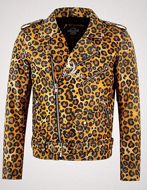 Men's Leopard Print Brando Biker Real Leather Jacket Slim Fit Marlon Moto Jacket